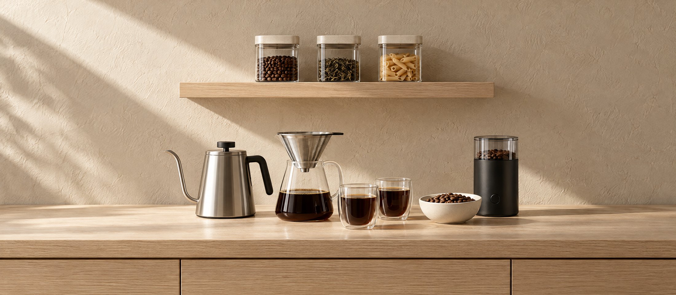Kettle, pour-over carafe, glasses and grinder on an oak kitchen counter Kettle, pour-over carafe, glasses and grinder on an oak kitchen counter