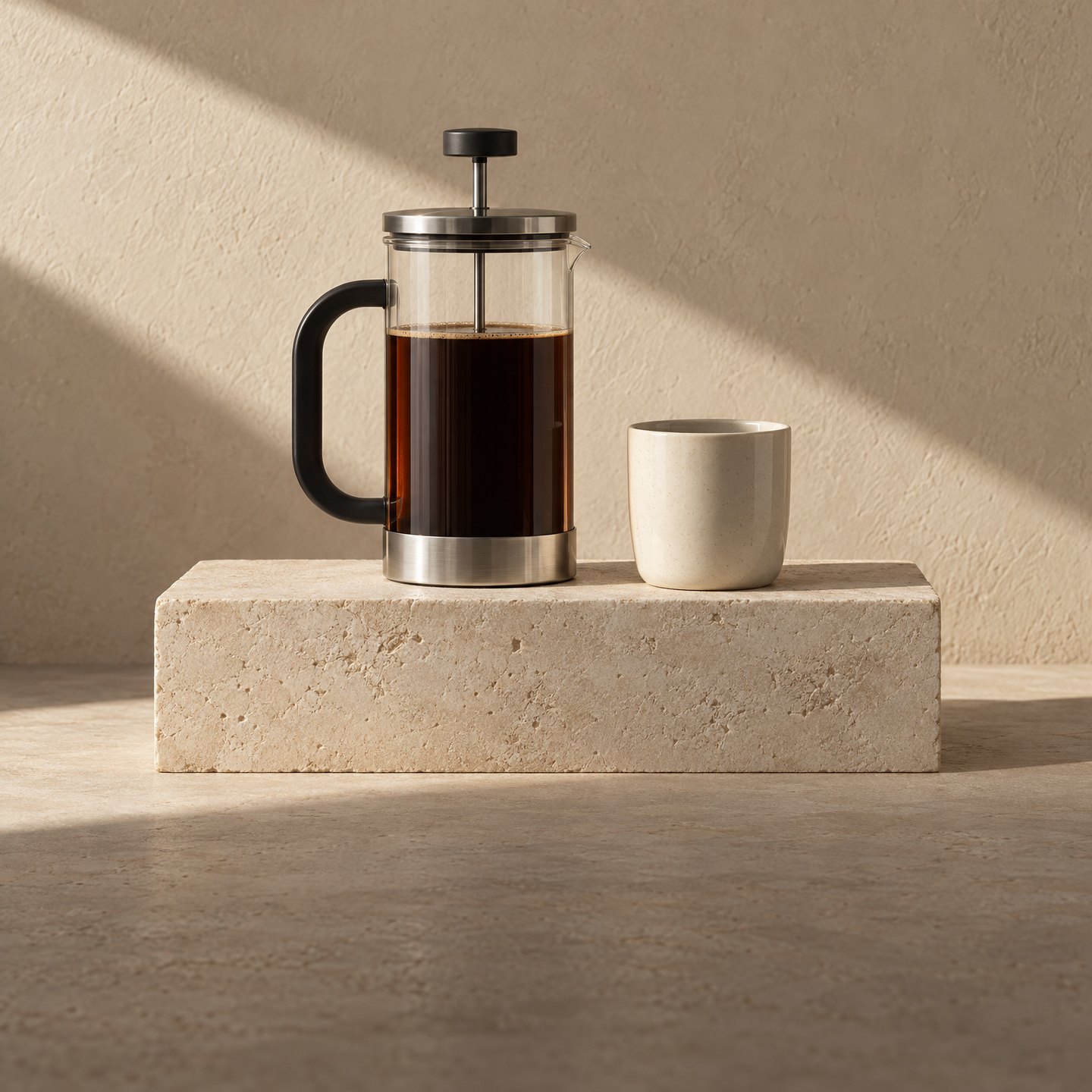 Glass French press with coffee and a ceramic cup on a limestone block Glass French press with coffee and a ceramic cup on a limestone block