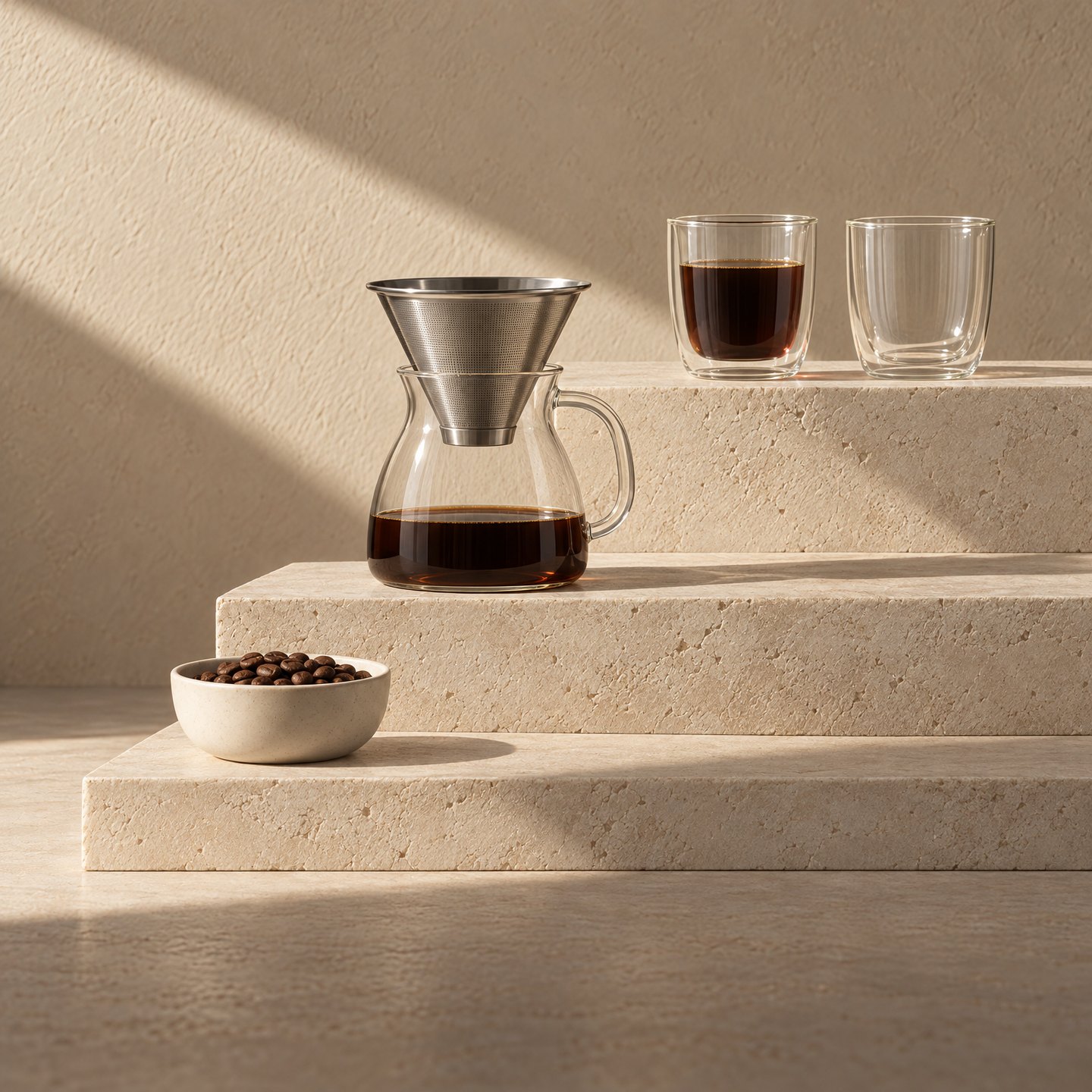 Pour-over filter on a glass carafe and double-wall glasses on limestone steps Pour-over filter on a glass carafe and double-wall glasses on limestone steps